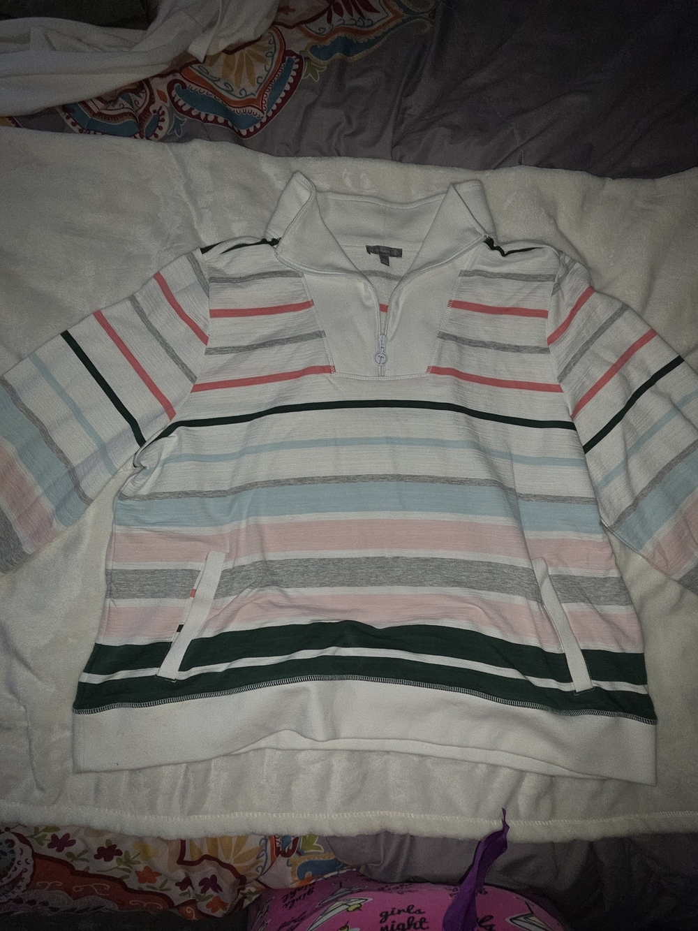 Talbots White Half-Zip Sweatshirt with Pastel & Dark Green Stripes